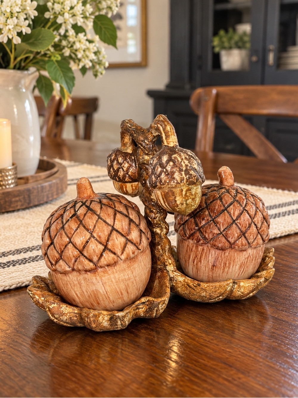 Vintage Acorn Salt & Pepper Shakers with Heavy Metal Caddy